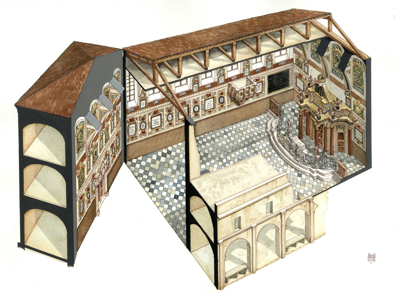 Arte barocca: ricostruzione della struttura architettonica della Sinagoga di Casale Monferrato (Casal) presso Alessandria (Alessandria), Italia. da Giorgio Albertini