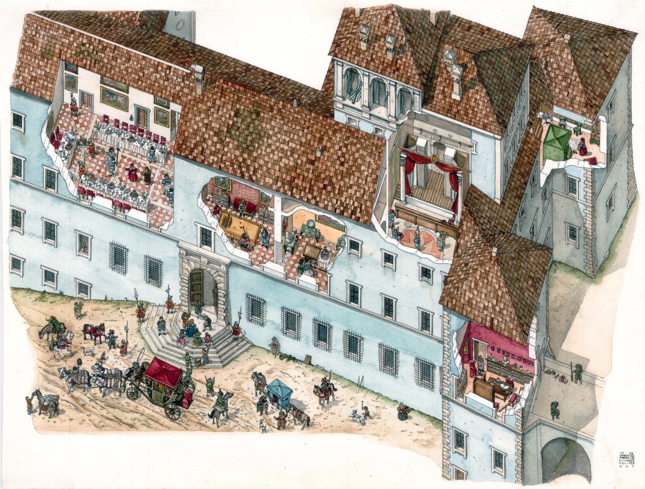 Arte barocca: veduta e sezione architettonica del palazzo Chigi ad Ariccia, nel Lazio, nel XVII secolo. Sono visibili gli interni delle stanze della famiglia e le dipendenze della servitù. Italia da Giorgio Albertini