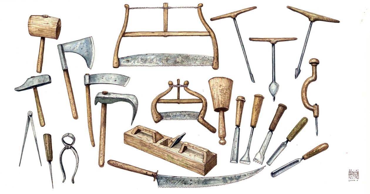 Tavola che descrive gli strumenti utilizzati dal falegname: ascia, cometa, martello, pinze, seghe, trapano. da Giorgio Albertini