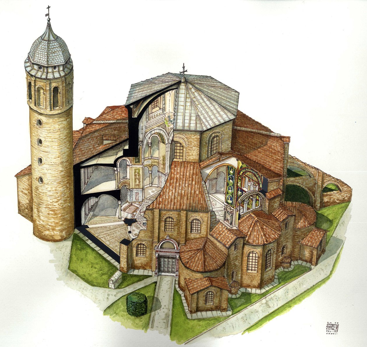 Arte bizantina: rappresentazione della Basilica di San Vitale (San Vitale o San Vitale) a Ravenna nel V secolo. Vista aerea con tagli per vedere l