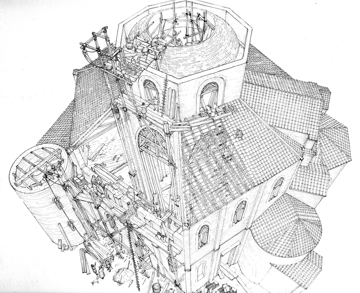 Arte bizantina: rappresentazione del cantiere della Basilica di San Vitale (San Vitale o San Vitale) a Ravenna nel V secolo. Veduta aeriana che mostra gli operai sulle impalcature che lavorano alla struttura della cupola. Italia Illustrazione di Giorgi da Giorgio Albertini