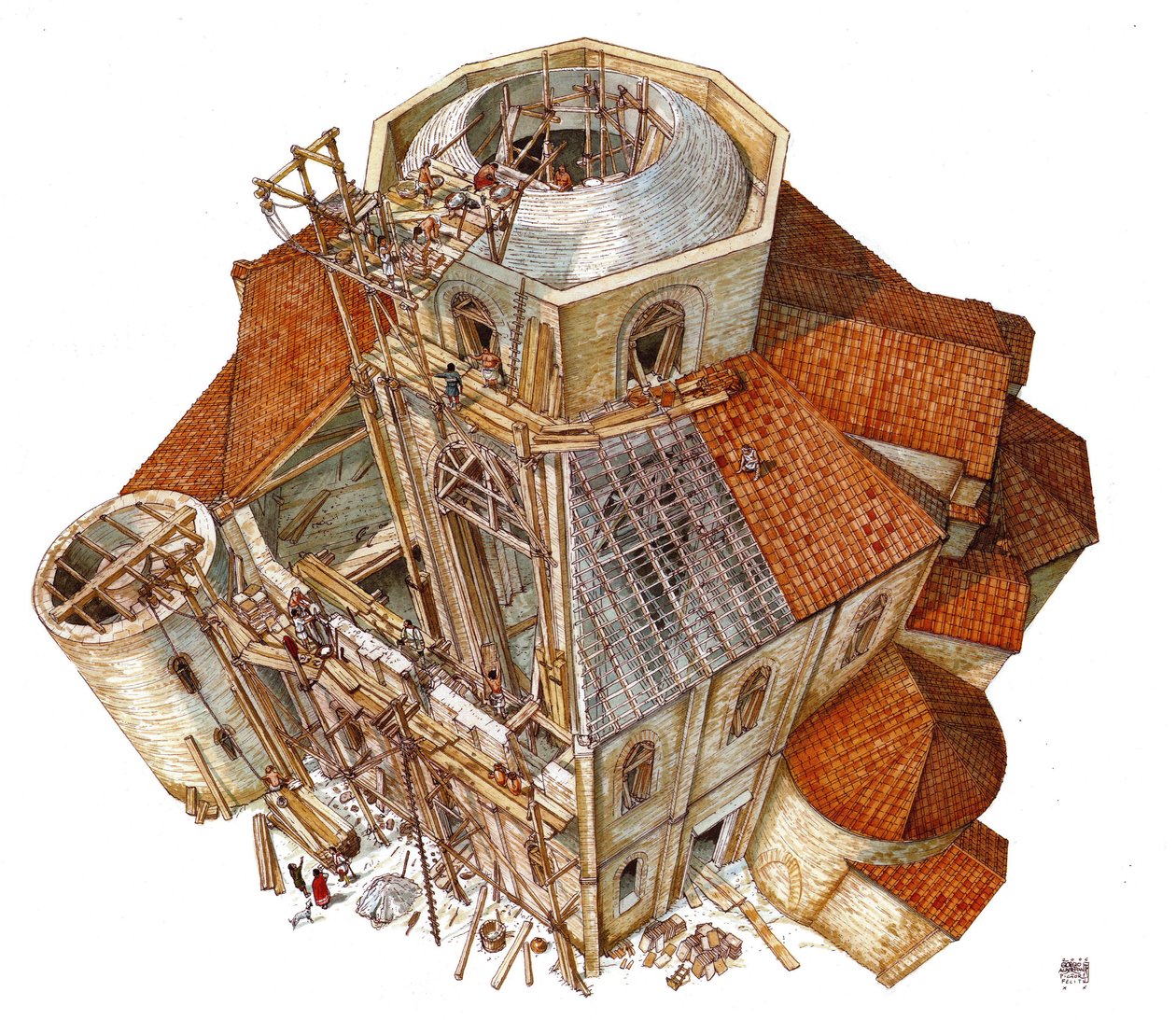 Arte bizantina: rappresentazione del cantiere della Basilica di San Vitale (San Vitale o San Vitale) a Ravenna nel V secolo. Veduta aeriana che mostra gli operai sulle impalcature che lavorano alla struttura della cupola. Italia Illustrazione di Giorgi da Giorgio Albertini