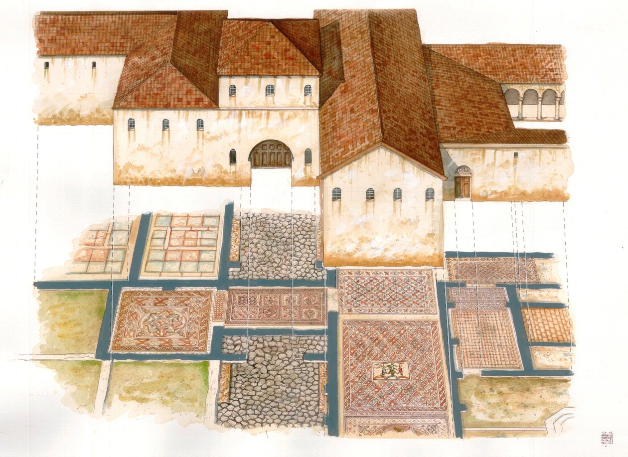 Arte bizantina: veduta della Domus dei tappeti di pietra a Ravenna (Ravenna) nel VI secolo, composta da mosaici di un palazzo bizantino. da Giorgio Albertini