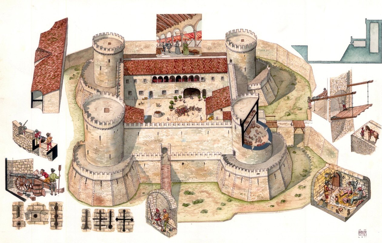 Particolare della veduta aerea del castello aragonese di Venosa costruito da Pirro del Balzo nel 1470, vicino a Potenza in Basilicata, Italia Le coppe permettono di vedere i prigionieri nelle celle all