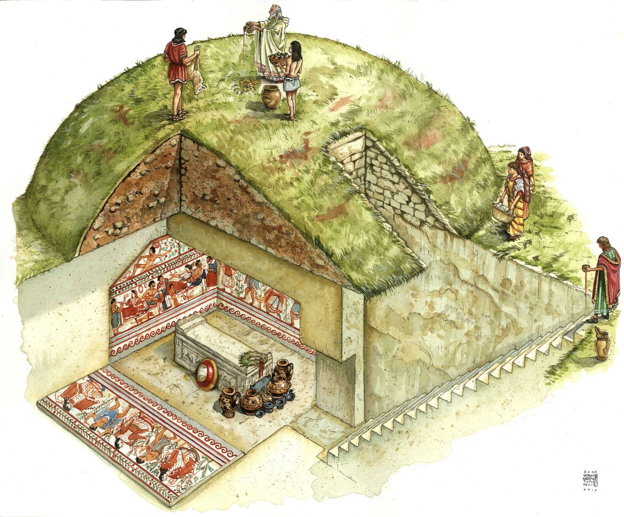 Civiltà etrusca: ricostruzione e taglio della tomba di Triclinio (triclinium), necropoli di Tarquinia. V secolo a.C. Italia Illustrazione di Giorgio Albertini. da Giorgio Albertini