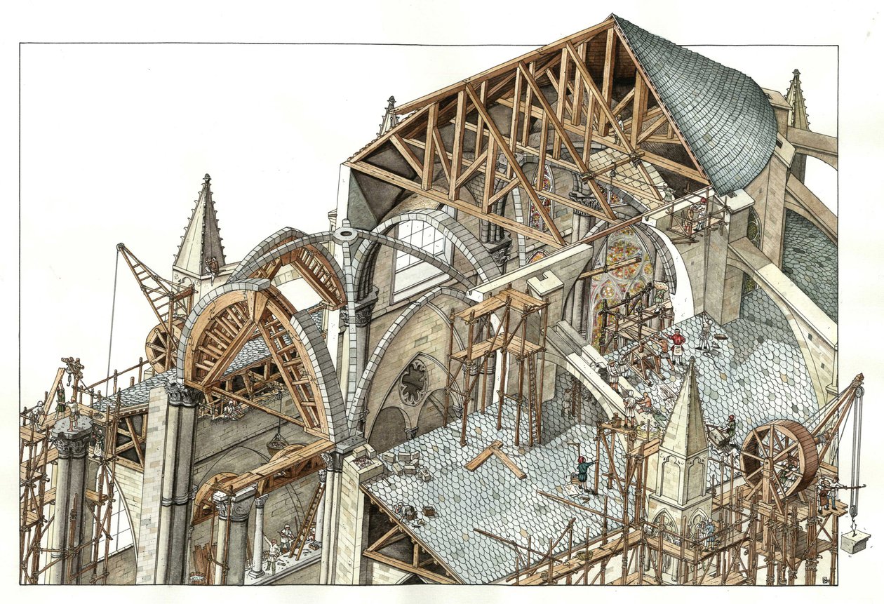 Arte gotica: ricostruzione del cantiere di una cattedrale gotica, gli operai arrampicati sulle impalcature usano le carrucole. XIII secolo Illustrazione di Giorgio Albertini. (L