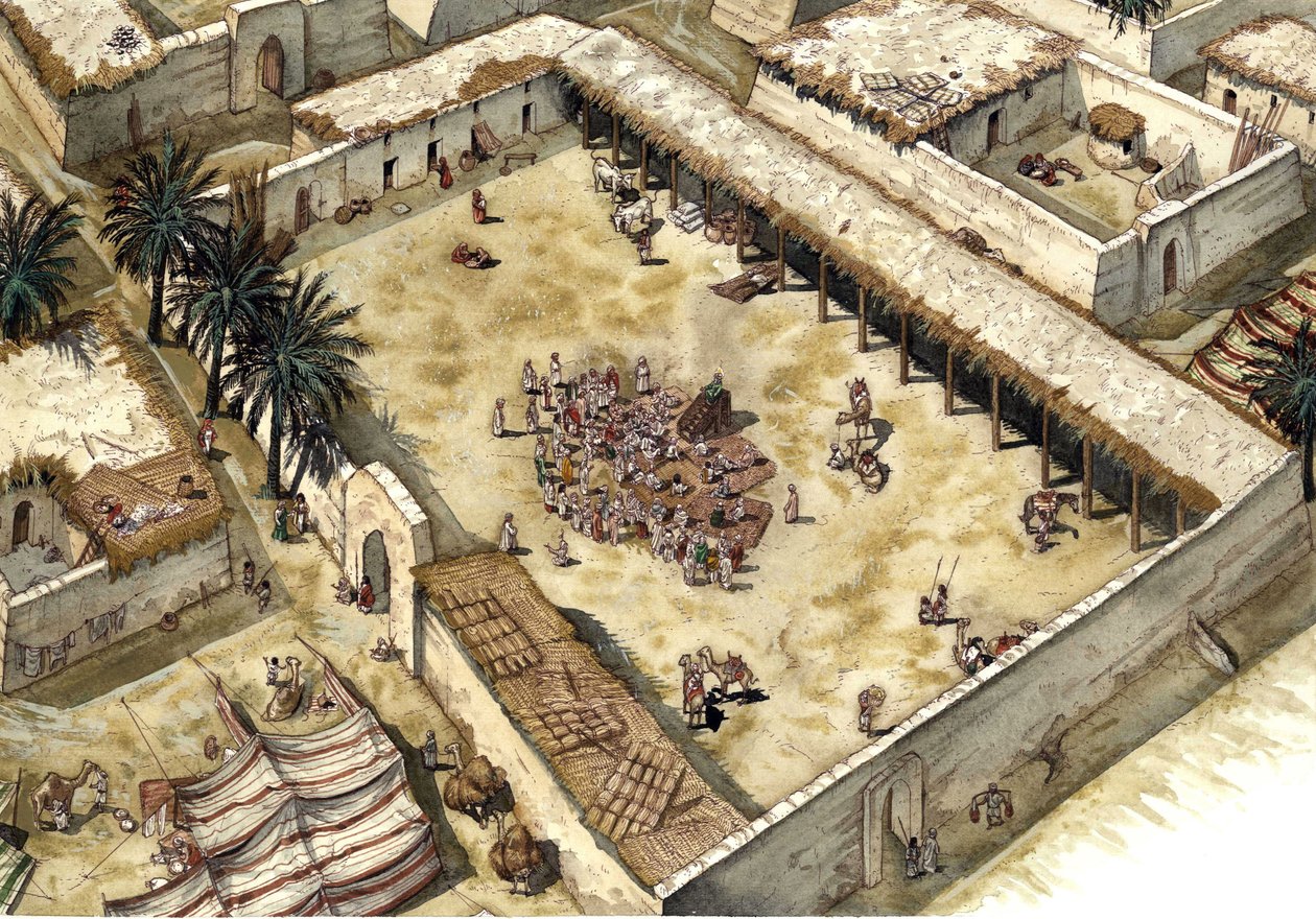 Islam: La casa del profeta Maometto (Muhammad o Muhammad) (570-632) dopo il suo arrivo a Medine nel 622, accompagnò i primi musulmani (Hegira), Arabia Saudita Il profeta è visibile, con il volto coperto. Illustrazione di Giorgio Albertini. (L