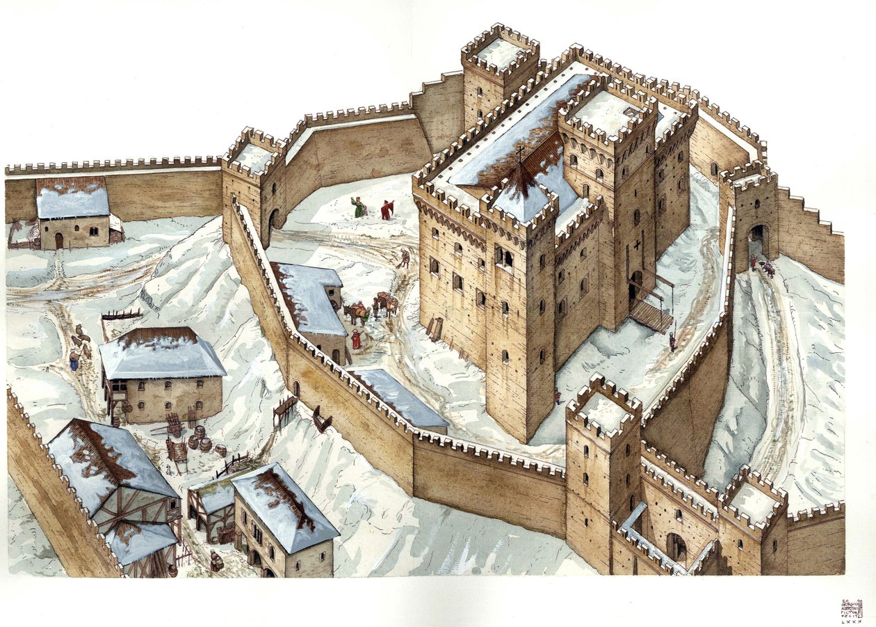 Architettura medievale: ricostruzione del castello della città di Udine nel XIV secolo. Italia Illustrazione di Giorgio Albertini. (L