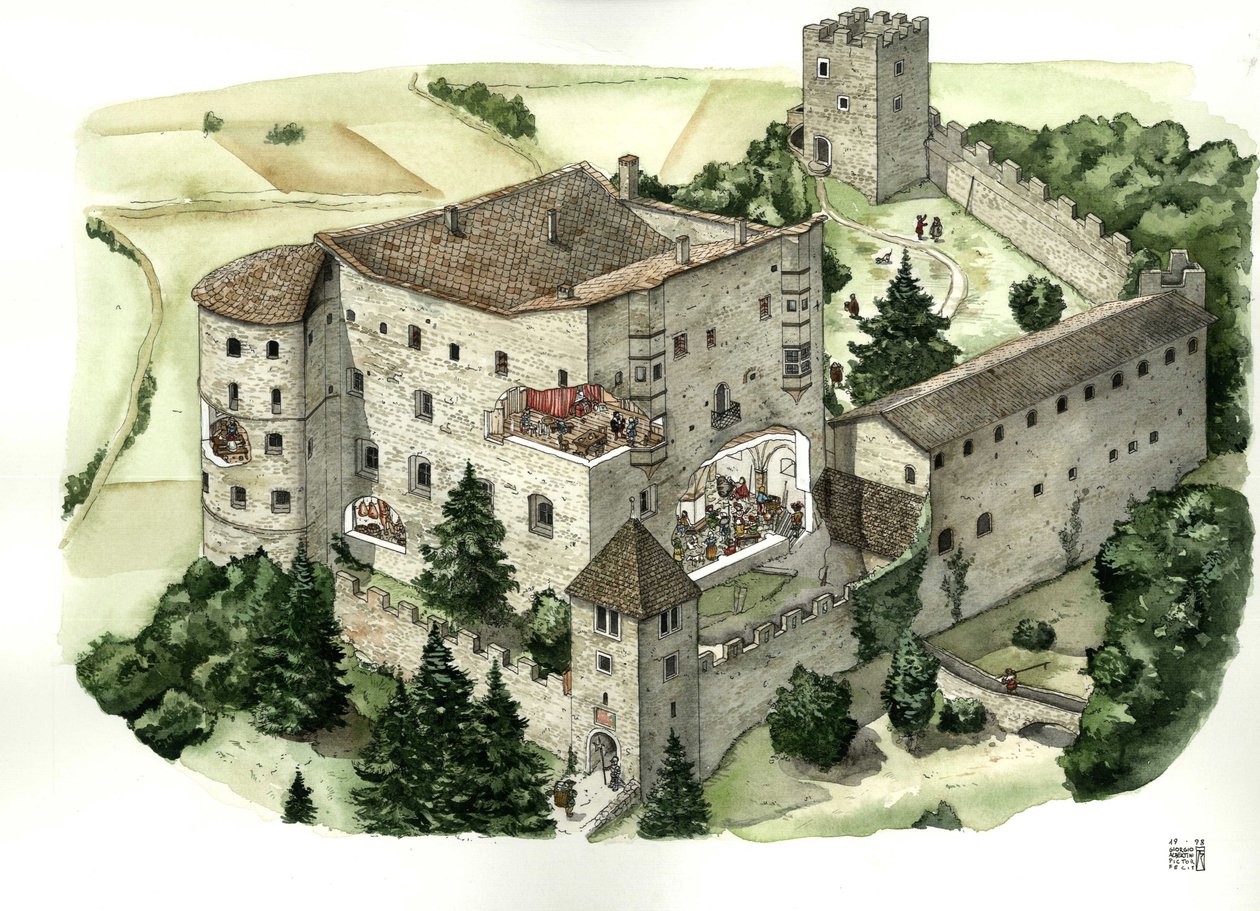 Architettura medievale: veduta del castello di Pergine, con tagli che permettono di vedere la vita degli abitanti nelle stanze del castello nel XVI secolo. Pergine Valsugana, Trento, Italia Illustrazione di Giorgio Albertini. (L