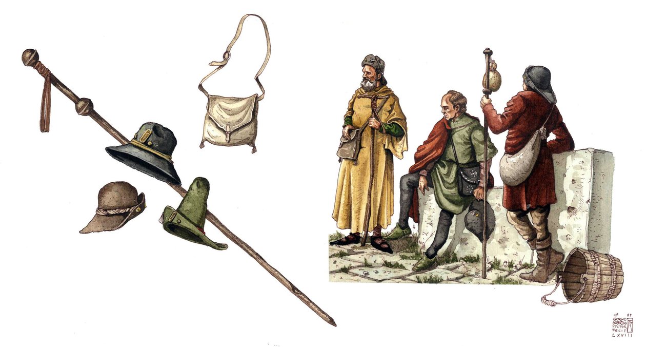 Moda medievale: costume pelerino tra il XII e il XIV secolo, borsa, cappelli, bastone, tuniche. da Giorgio Albertini