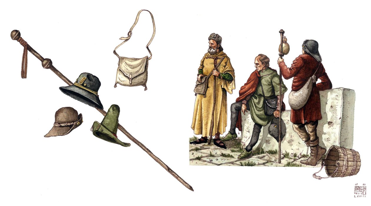 Moda medievale: costume pelerino tra il XII e il XIV secolo, borsa, cappelli, bastone, tuniche. da Giorgio Albertini