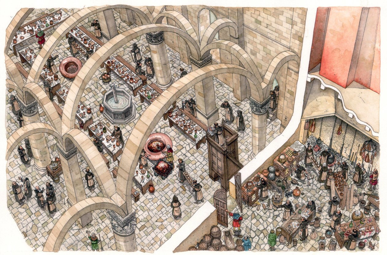 Medioevo: il refettorio e la cucina di un monastero. Lavoro religioso per preparare i pasti della comunità. 12° o 13° secolo da Giorgio Albertini