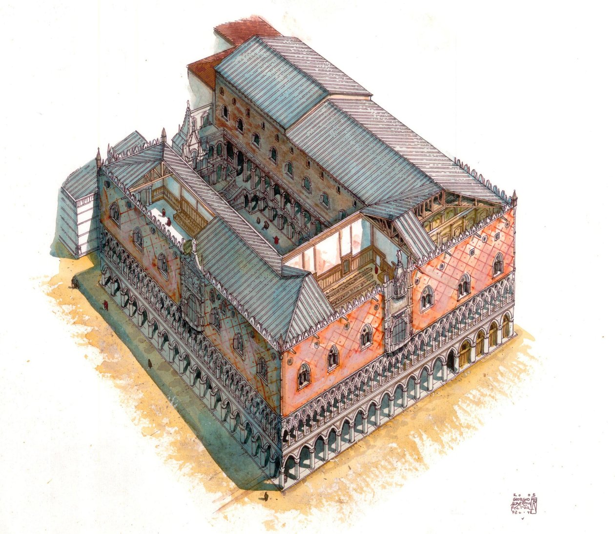 Medioevo: veduta aeriana e sezione architettonica del Palazzo Ducale (o Palazzo Ducale) in Piazza San Marco a Venezia nel XV secolo. Italia da Giorgio Albertini