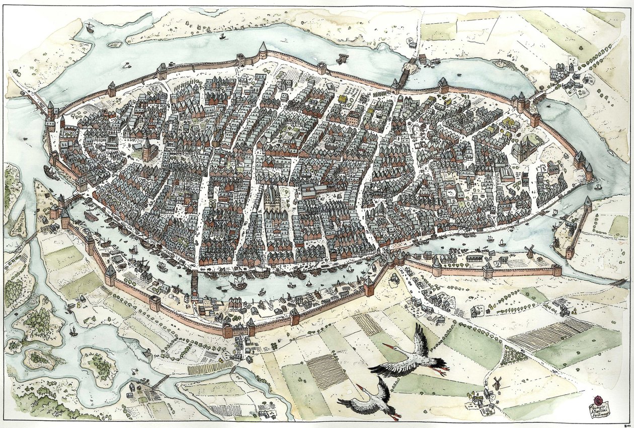 Medioevo: veduta aeriana della città di Lubecca in Germania con mappa stradale, che mostra la sua posizione geografica su un
