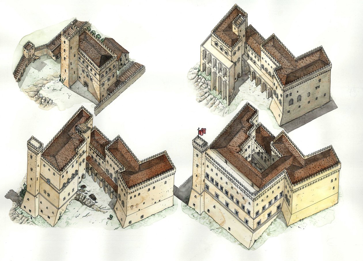 Medioevo: veduta aeriana delle varie fasi di costruzione del Palazzo Vaticano (Vaticano) tra il XII e il XV secolo. Roma Italia da Giorgio Albertini
