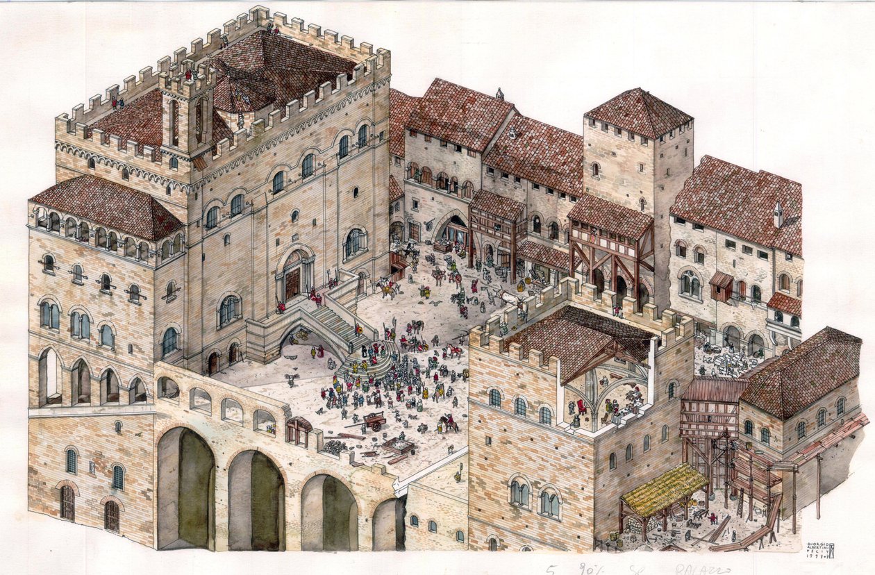 Medioevo: veduta aerea della piazza centrale della città di Gubbio (Umbria) nel XIV secolo. Il Palazzo dei Consoli è visibile sulla sinistra. da Giorgio Albertini