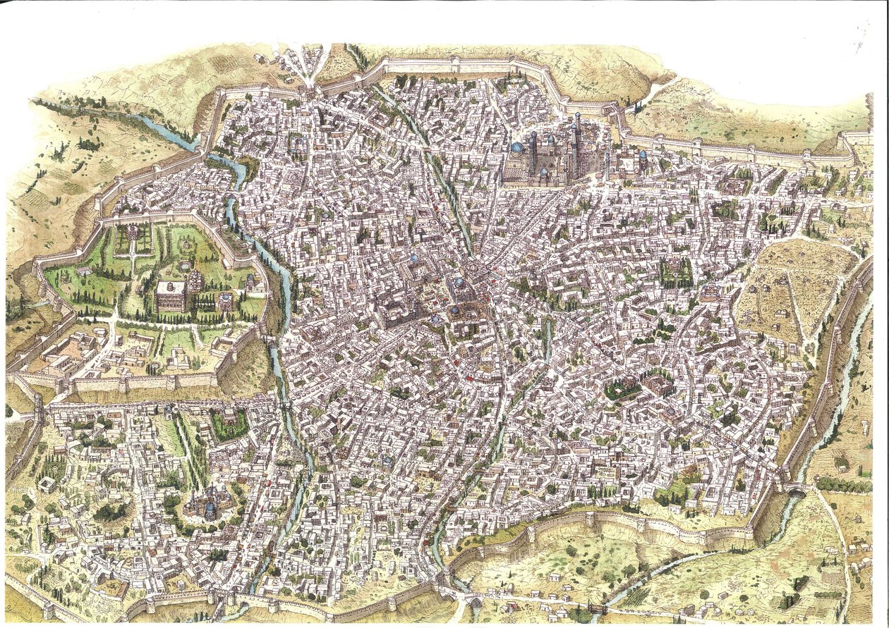 Medioevo: veduta aerea dettagliata della città di Samarcanda (Samarkand), sono visibili i bastioni, in Uzbekistan al tempo della dinastia mongola dei Chaybanidi. 1450 intorno all