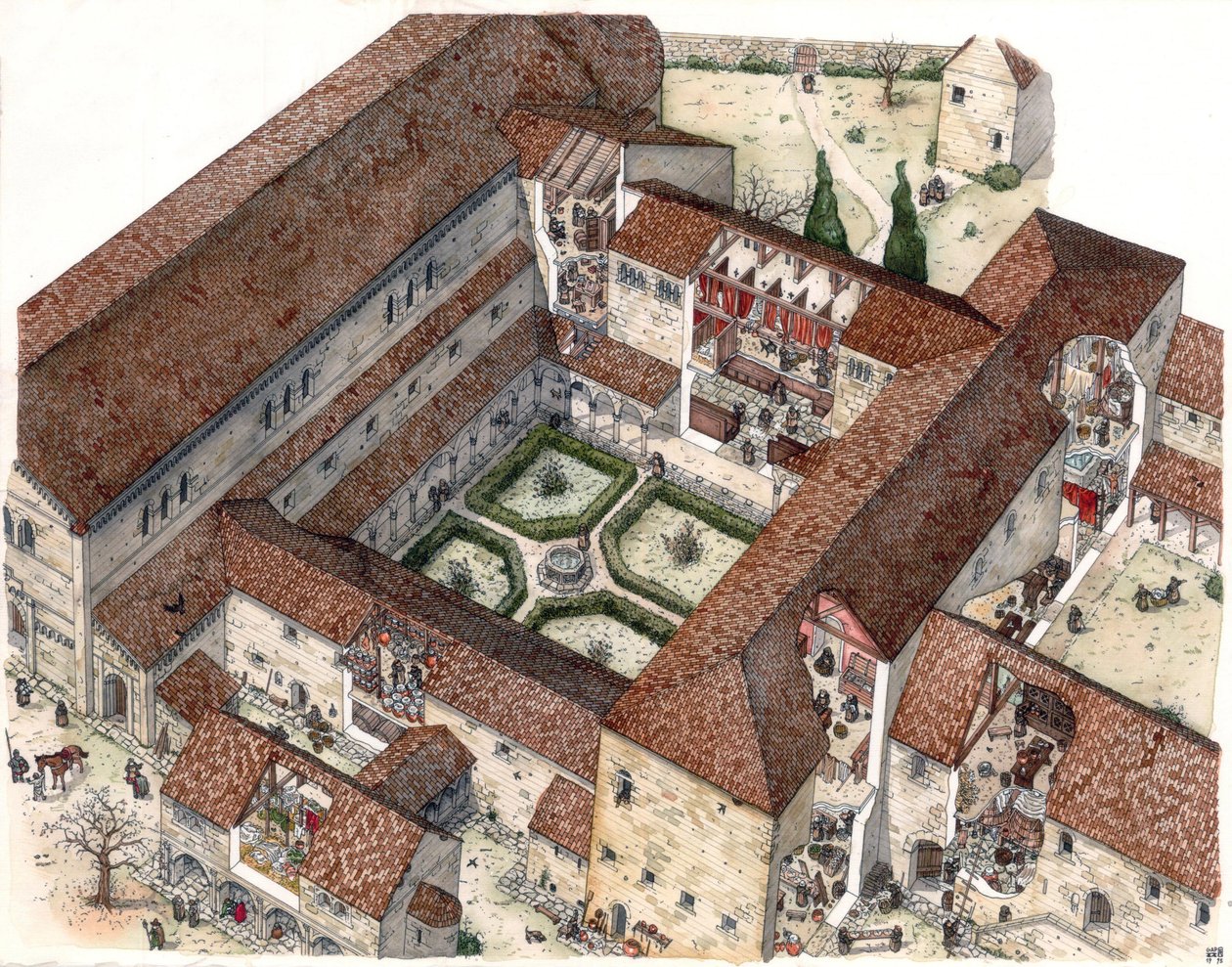 Medioevo: la ricostruzione di un monastero e la vita delle monache o dei monaci. I tagli permettono di vedere le scene interne. Illustrazione di Giorgio Albertini. (L