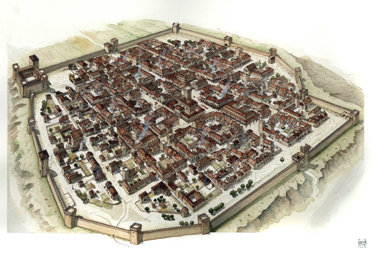 Medioevo: ricostruzione della città fortificata di Cherasco (Piemont) al momento della sua fondazione nel XIII secolo, Italia da Giorgio Albertini