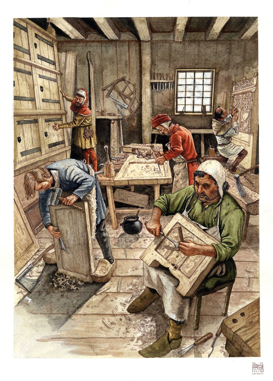 Medioevo: rappresentazione di una bottega di ebenisti nel XV secolo, gli operai lavorano il legno. da Giorgio Albertini