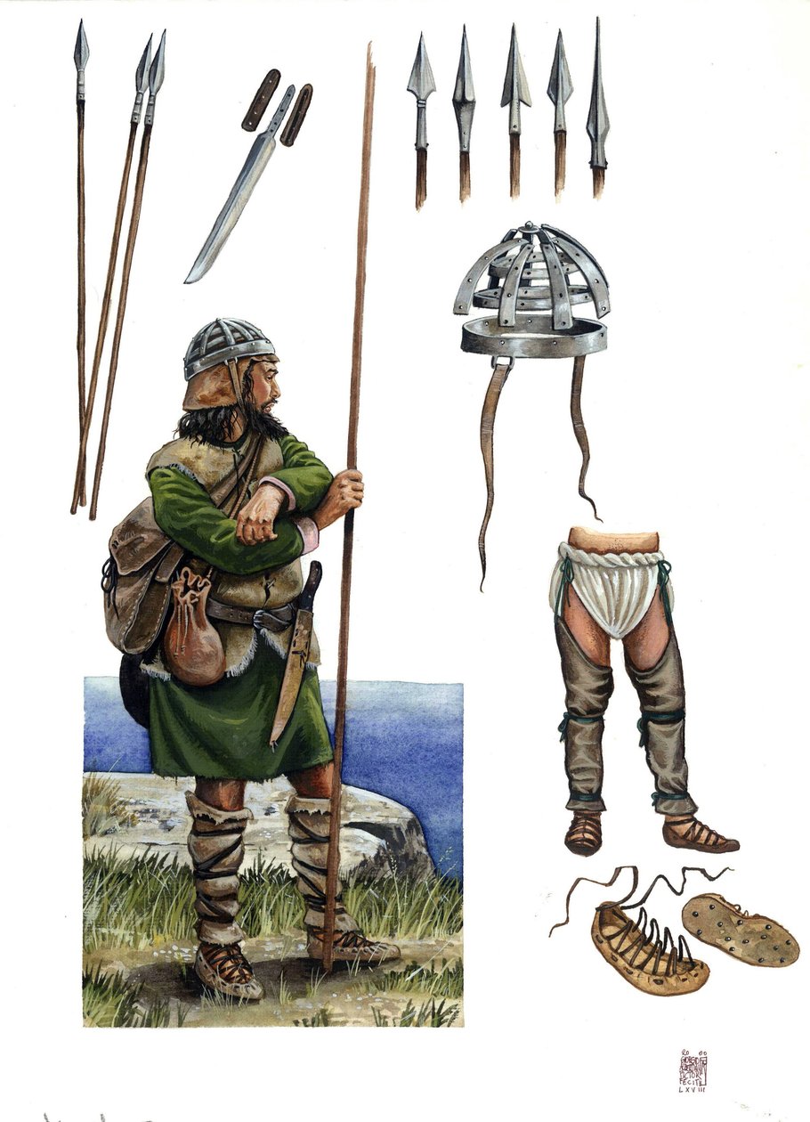Medioevo: rappresentazione di un Almogavra, soldato mercenario del Regno di Aragona Catalogna intorno al XIV secolo: descrizione delle armi e del costume. da Giorgio Albertini