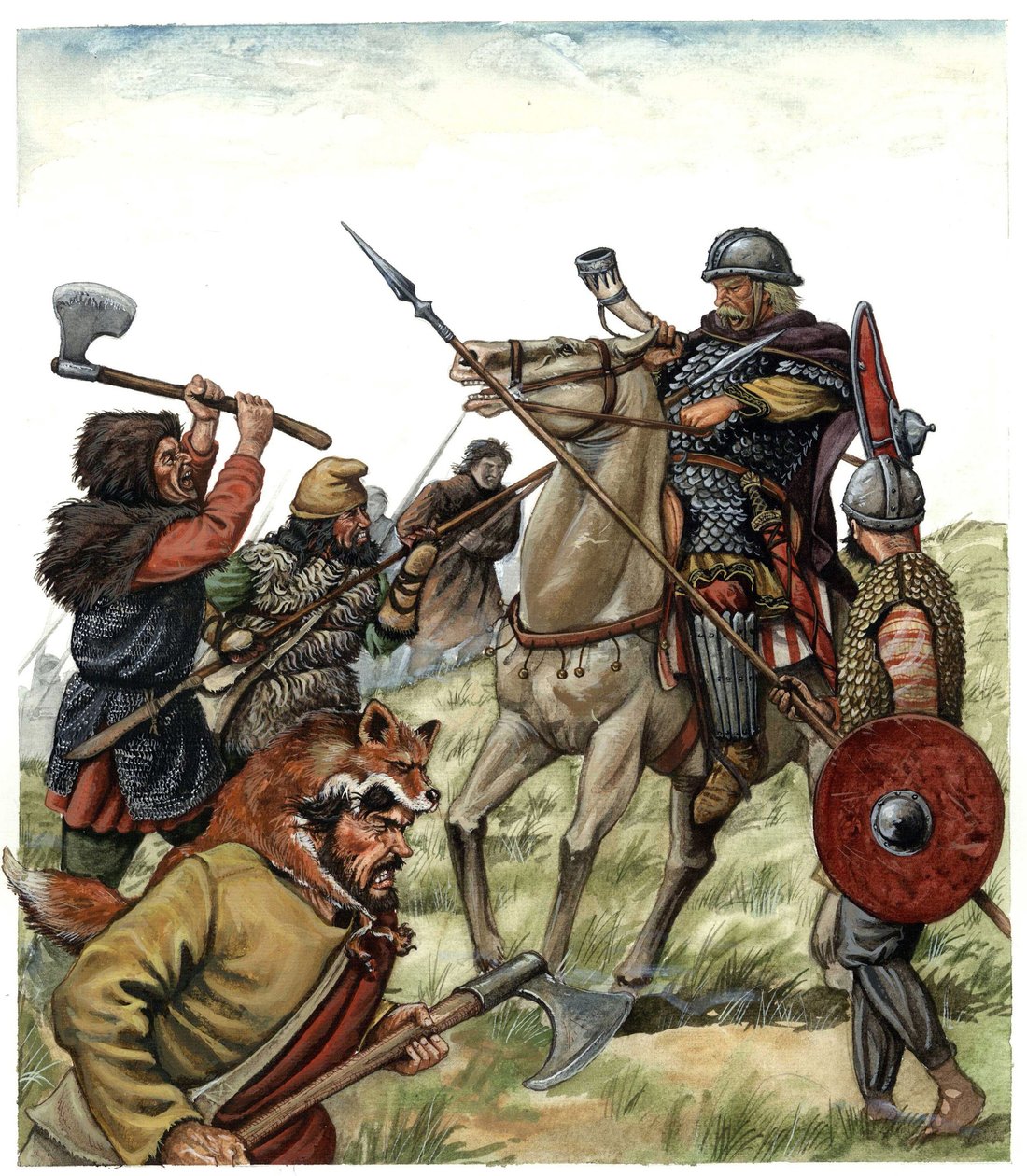 Medioevo: scena della battaglia di Roncesvaux (Paesi Baschi spagnoli), cavaliere franco dell
