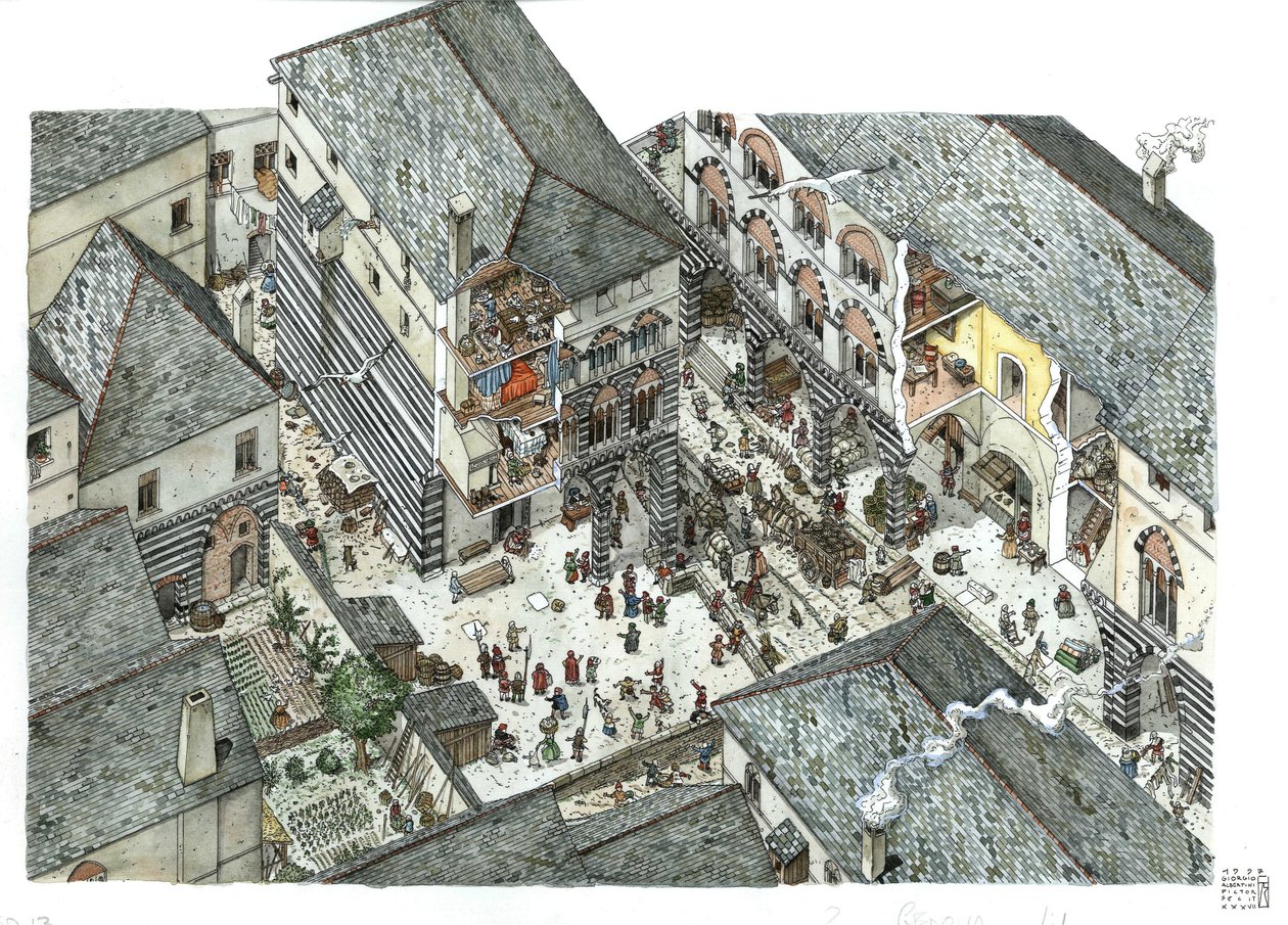 Medioevo: veduta di un palazzo della nobiltà mercantile (Curia o curia) di Genes nel XV secolo, scene di strada, Italia Illustrazione di Giorgio Albertini. da Giorgio Albertini