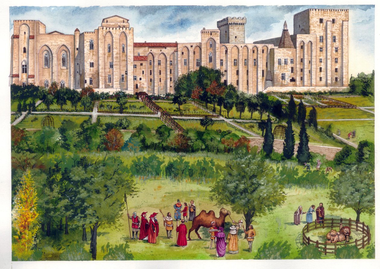 Medioevo: vista del Palazzo dei Papi di Avignone, quando era la residenza dei Papi. Nel giardino, i membri della curia passeggiano per ammirare animali esotici (cammelli, leoni) XIV secolo. da Giorgio Albertini