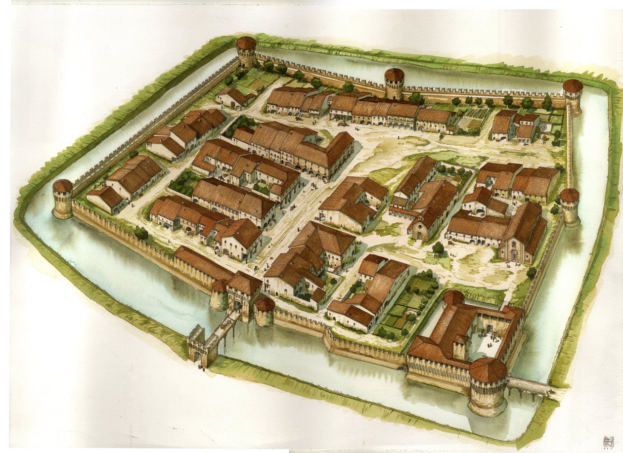 Medioevo: veduta della città fortificata di Bagnara di Romagna alla fine del XV secolo. Italia da Giorgio Albertini