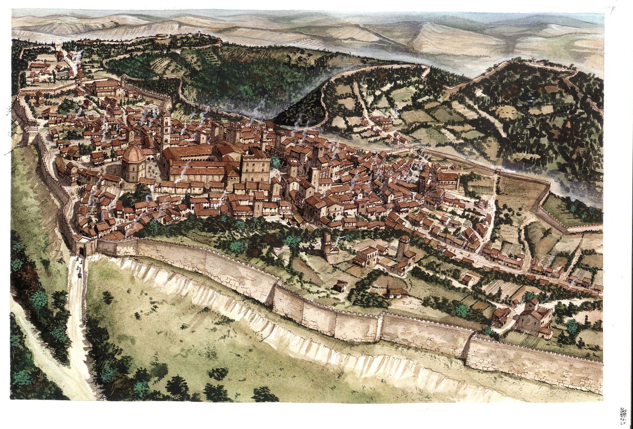 Medioevo: veduta della città medievale di Volterra, circondata da bastioni, nel XIV secolo. Toscana. Italia Illustrazione di Giorgio Albertini. (L