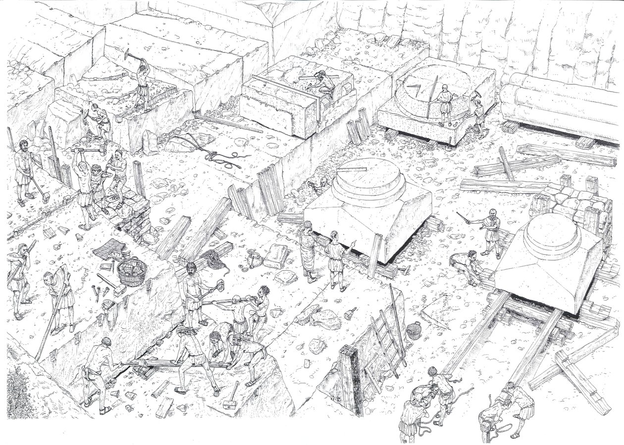Medioevo: veduta che rappresenta gli operai al lavoro nelle cave di marmo di Carrara (Carrara) nel XV secolo. Italia Illustrazione di Giorgio Albertini. (L