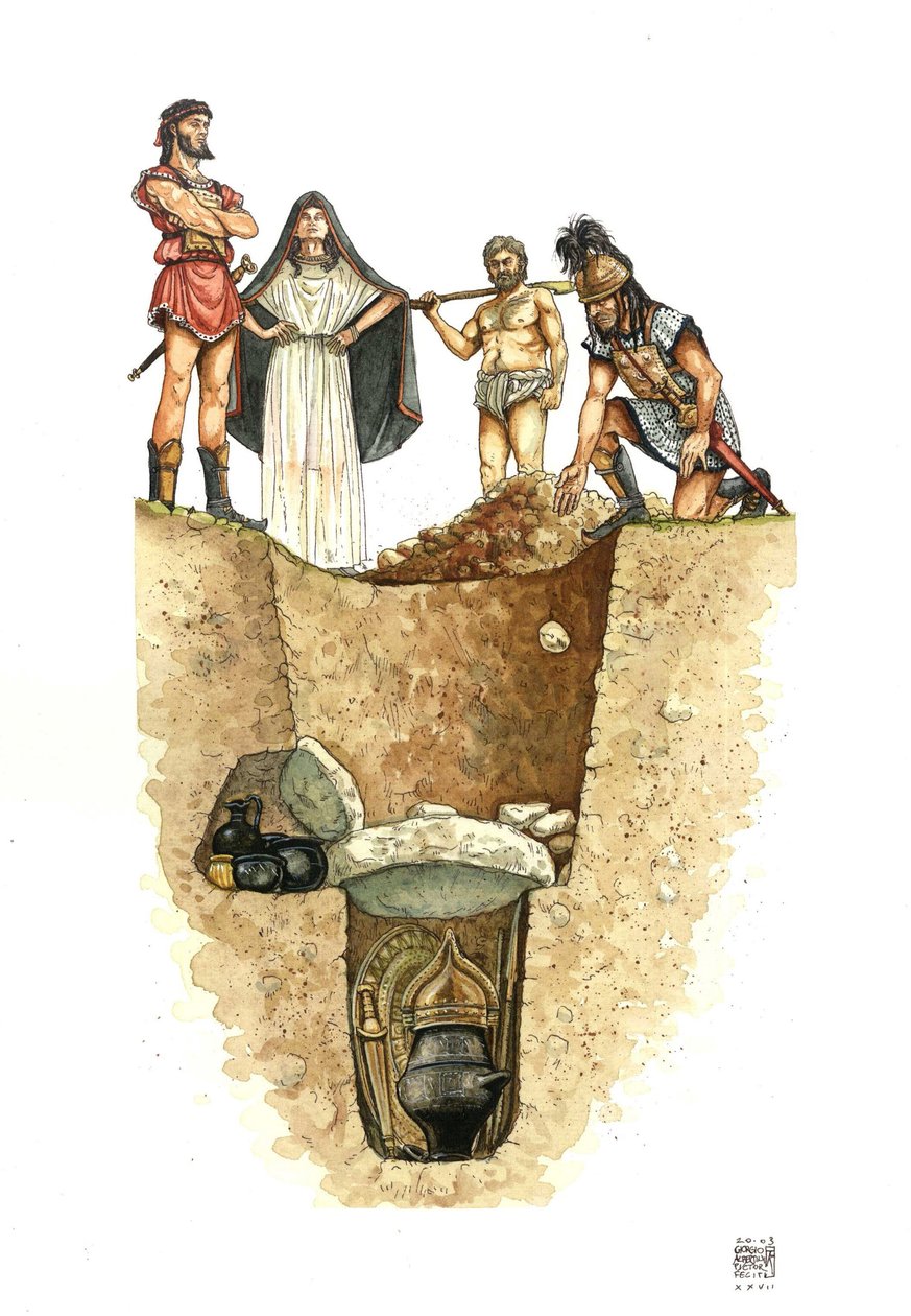 Neolitico: taglio di una tomba villanoviana (cultura di Villanova), le urne contenenti le ceneri del defunto sono sepolte in pozzi (campi di ballottaggio), VIII secolo a.C. Etruria, Italia da Giorgio Albertini