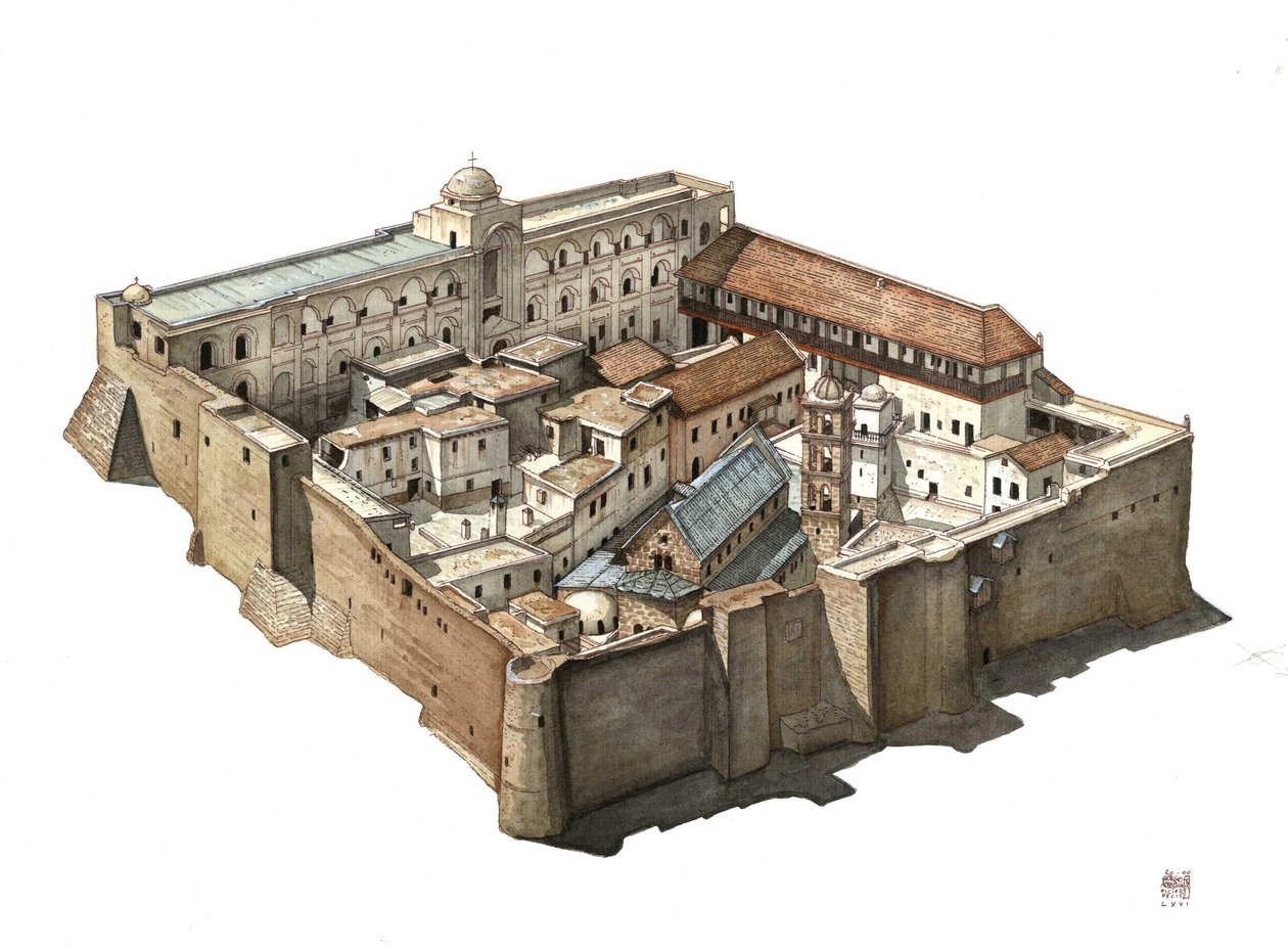 Panoramica del monastero ortodosso di Santa Caterina del Sinai in Egitto. Illustrazione di Giorgio Albertini. (L