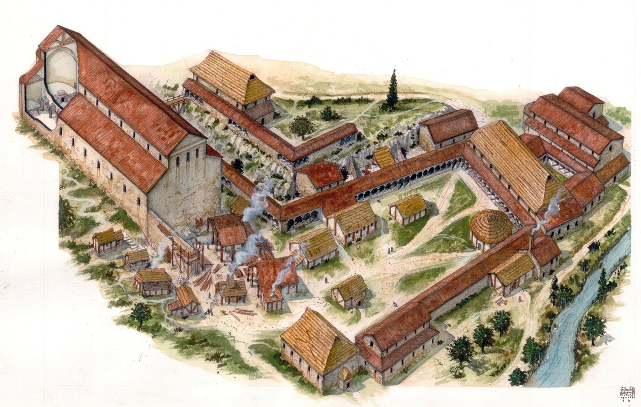 Arte preromana: veduta aeriana del monastero di San Vincenzo al Volturno (Abbadia di San Vincenzo al Volturno) fondato nell