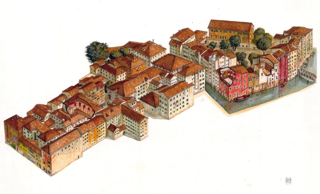 Ricostruzione del ghetto ebraico di Venezia, con sinagoghe, nel sestiere di Cannaregio. Italia. da Giorgio Albertini
