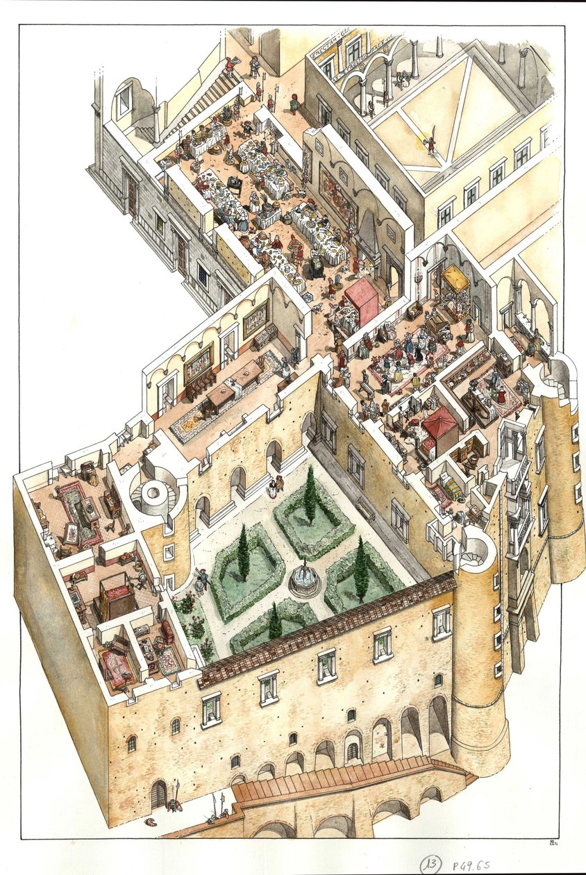 Ricostruzione del piano nobile del Palazzo Ducale di Urbino, Italia. Fu costruito dal duca Federico da Montefeltro (Federico di Montefeltre, duca di Urbino) nel XV secolo. da Giorgio Albertini