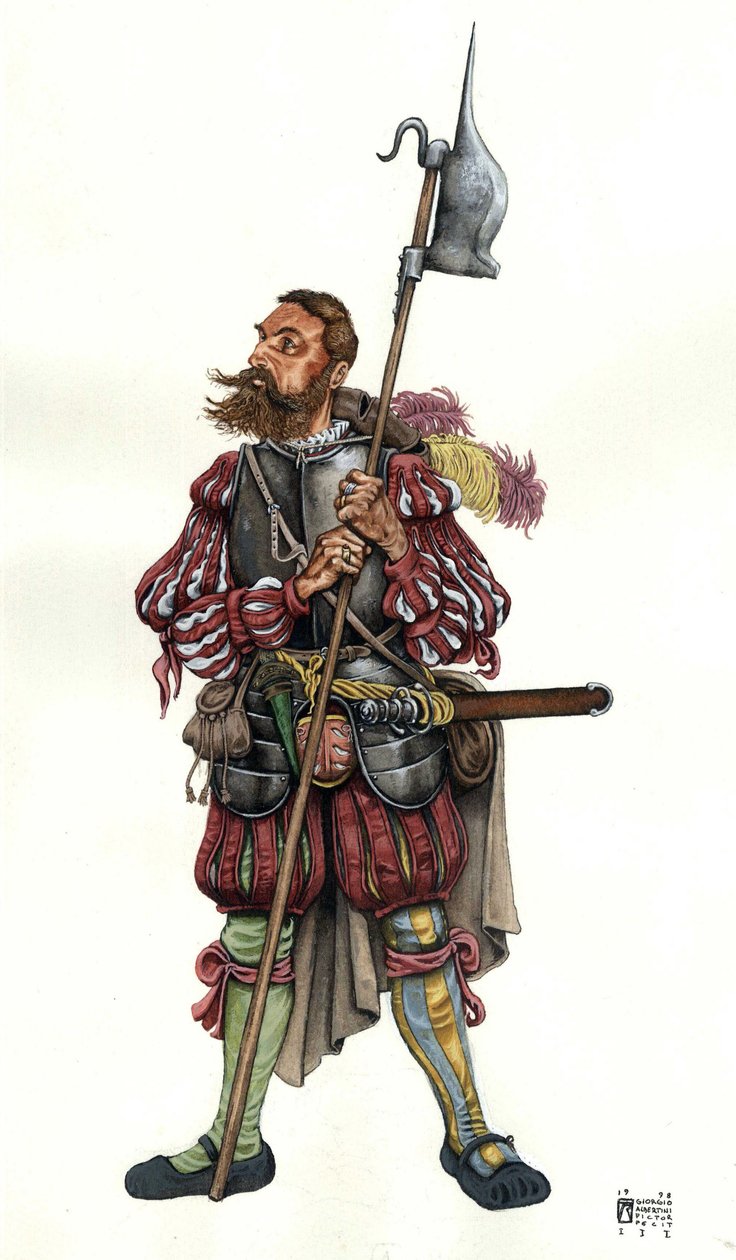 Rappresentazione di un lanzichenecco (Lanzknecht), mercenario tedesco, al servizio di un signore. XVI secolo da Giorgio Albertini
