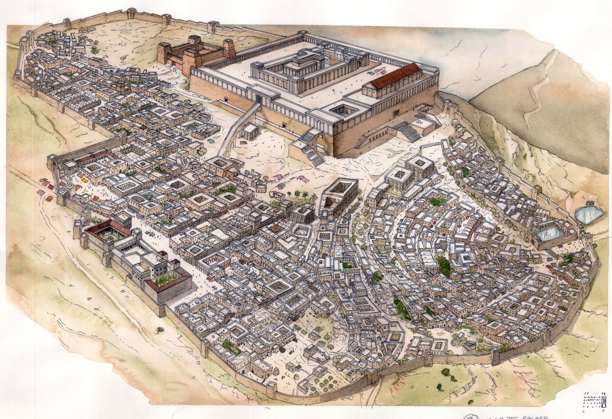Antichità romana: ricostituzione della città di Gerusalemme, il tempio domina la città, accanto alla fortezza Antonia, che ospitava la guarnigione romana. Israele. da Giorgio Albertini