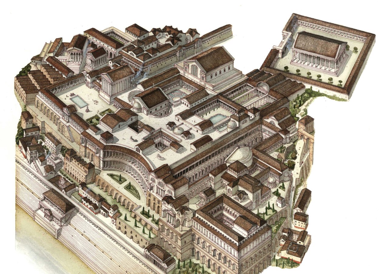 Antichità romane: ricostruzione del Monte Palatino (Colla Palatino) nel IV secolo, gli imperatori successivi (Augusto, Nerone, Severo Settimo) costruirono i loro rispettivi palazzi. Roma Italia da Giorgio Albertini