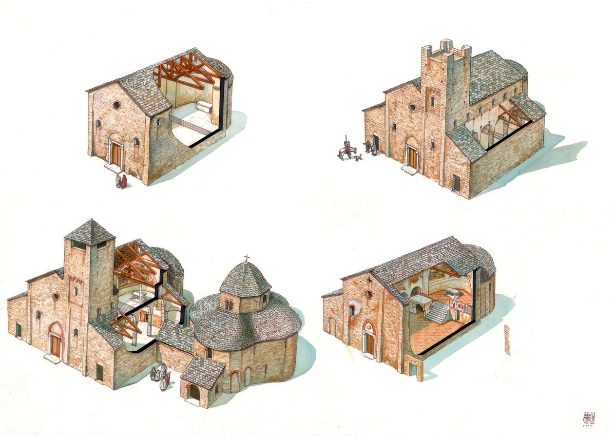 Arte romanica: descrizione delle fasi di costruzione, con sezioni che permettono di vedere l