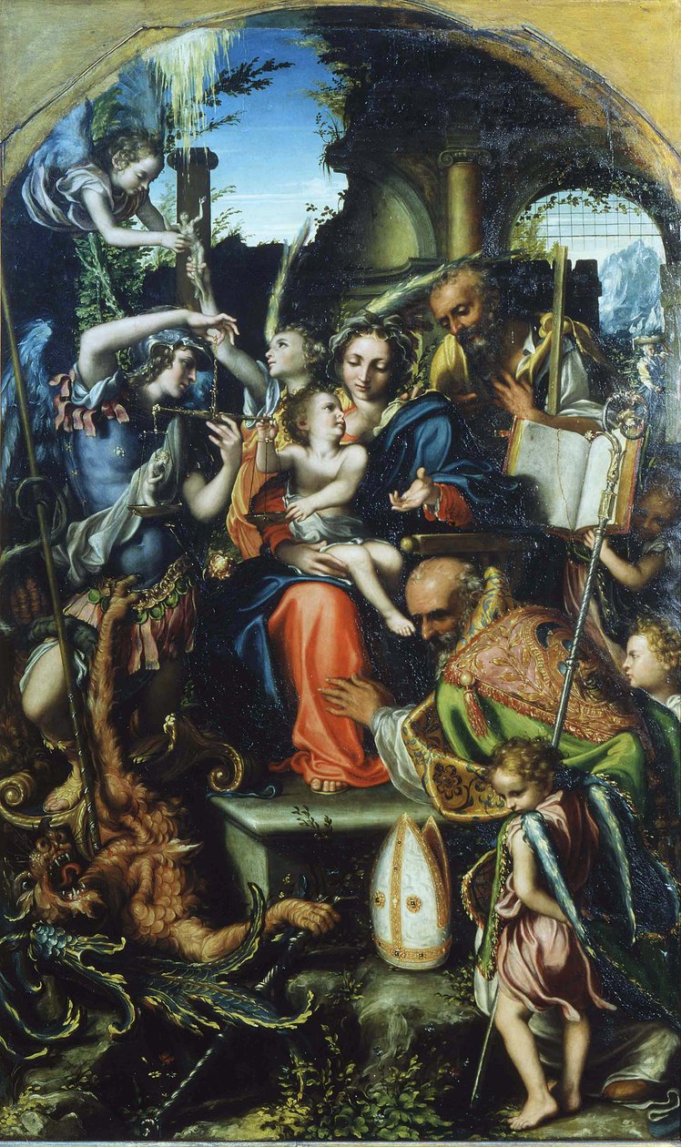 Sacra Famiglia con San Michele Arcangelo e il Diavolo che contendono per le anime, San Bernardo e da Giorgio Gandini del Grano