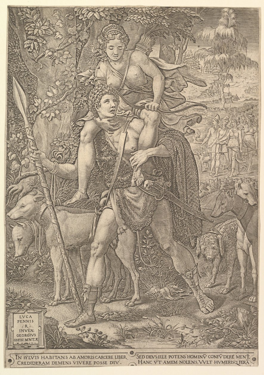 Allegoria della caccia, un cacciatore che tiene una grande lancia portando una donna Diana sulle spalle, 1556 da Giorgio Ghisi