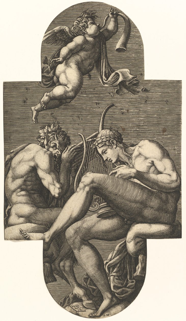 Apollo, Pan e un putto che soffia in un corno, da una serie di otto composizioni dopo France da Giorgio Ghisi