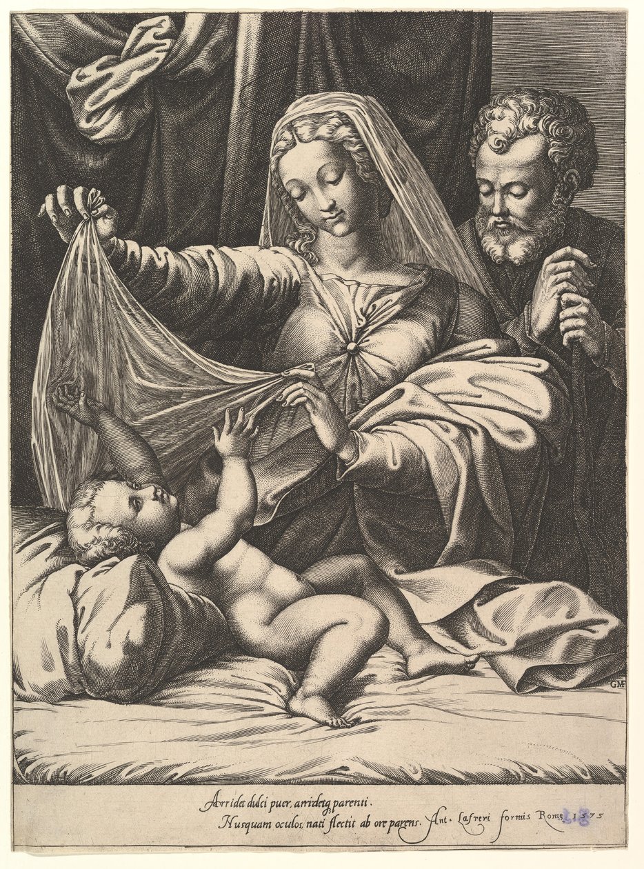 Madonna di Loreto, la Vergine solleva un velo sopra il Bambino, che giace su un letto e un cuscino, 1575 da Giorgio Ghisi