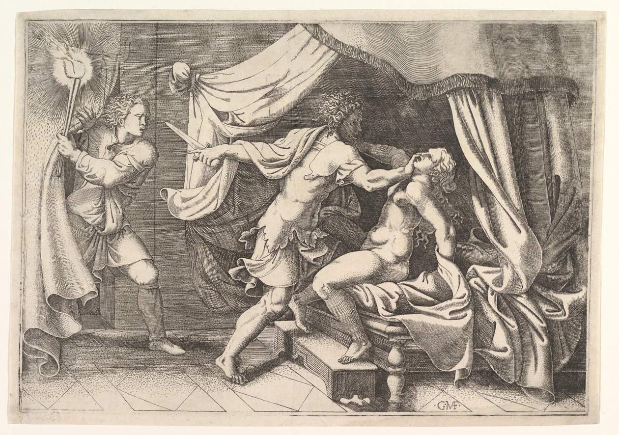 Tarquinio attacca Lucrezia, un servitore a sinistra assiste alla scena, ca. 1540 da Giorgio Ghisi