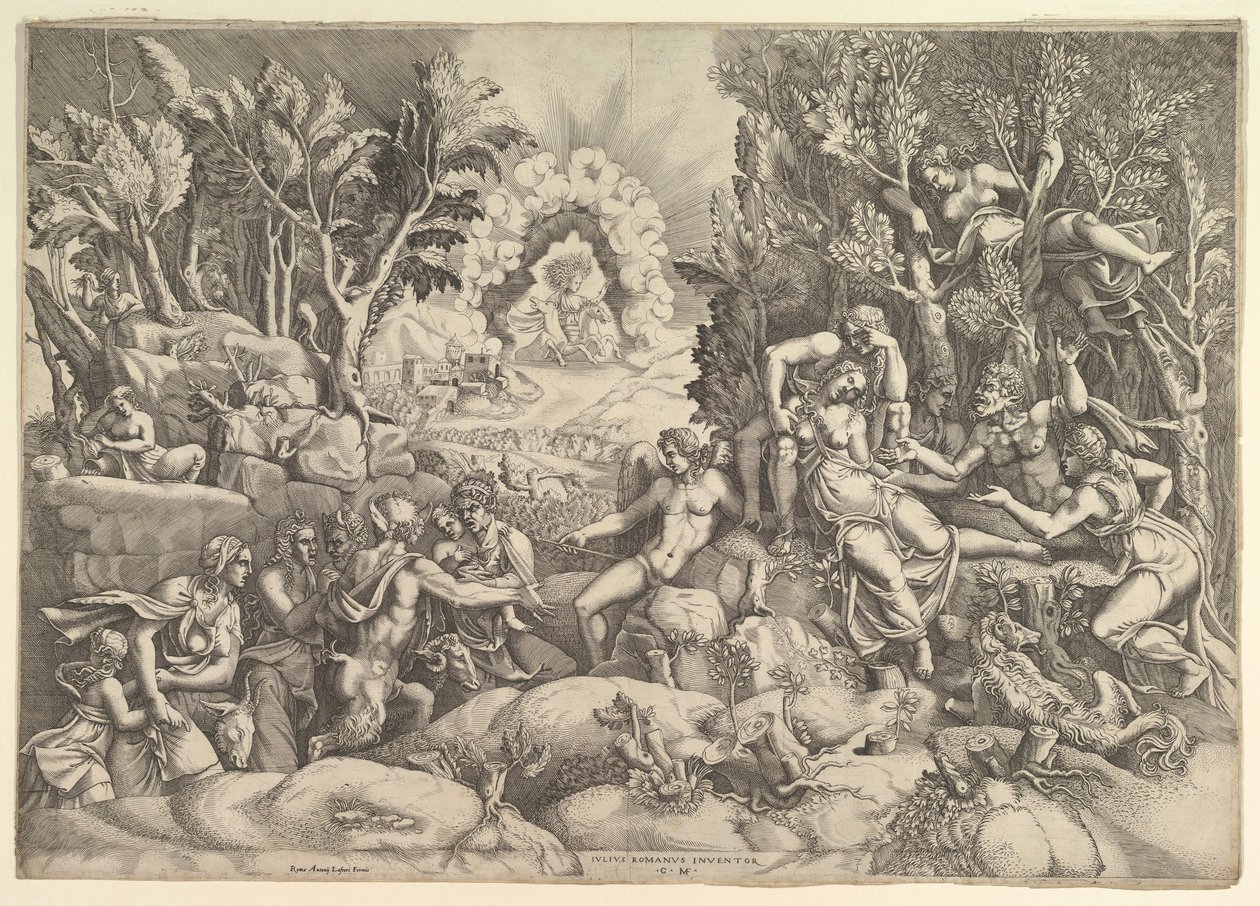 La morte di Procri, Cefalo piange la morte di Procri a destra circondato da..., ca. 1540 da Giorgio Ghisi