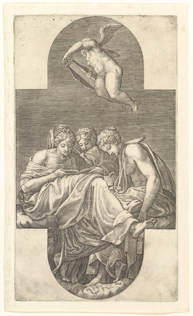 Tre Muse e un Putto con una Lira, una composizione cruciforme, da una serie di otto comp da Giorgio Ghisi