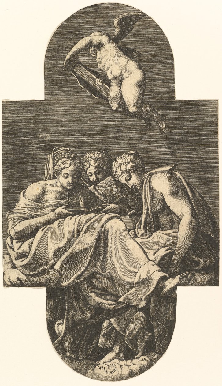 Tre muse e un putto sopra con una lira, da una serie di otto composizioni dopo Fran..., 1560s da Giorgio Ghisi