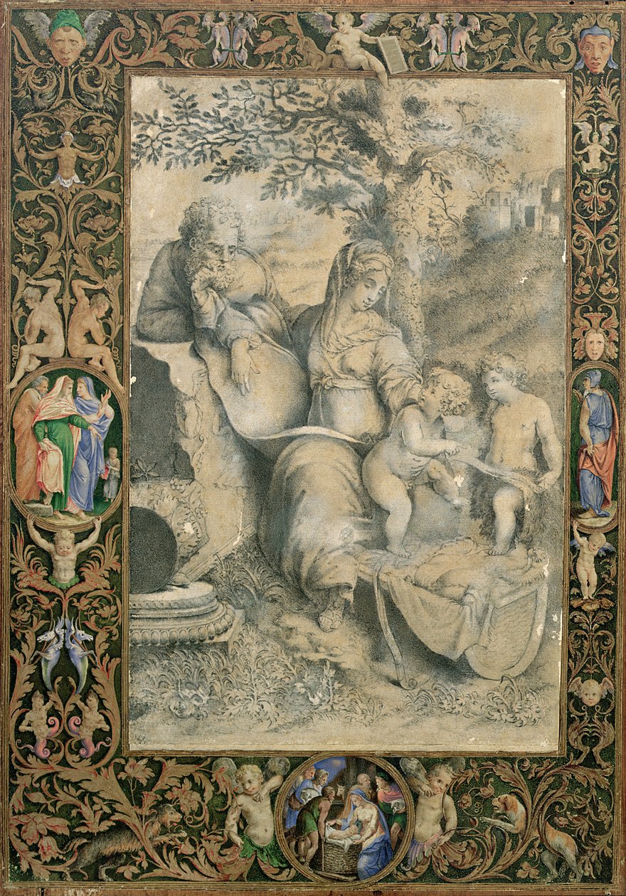 Bordo di un Manoscritto Miniato che circonda un disegno dopo La Sacra Famiglia sotto la Quercia di Raffaello (attribuito a Clovio) da Giorgio Giulio Clovio
