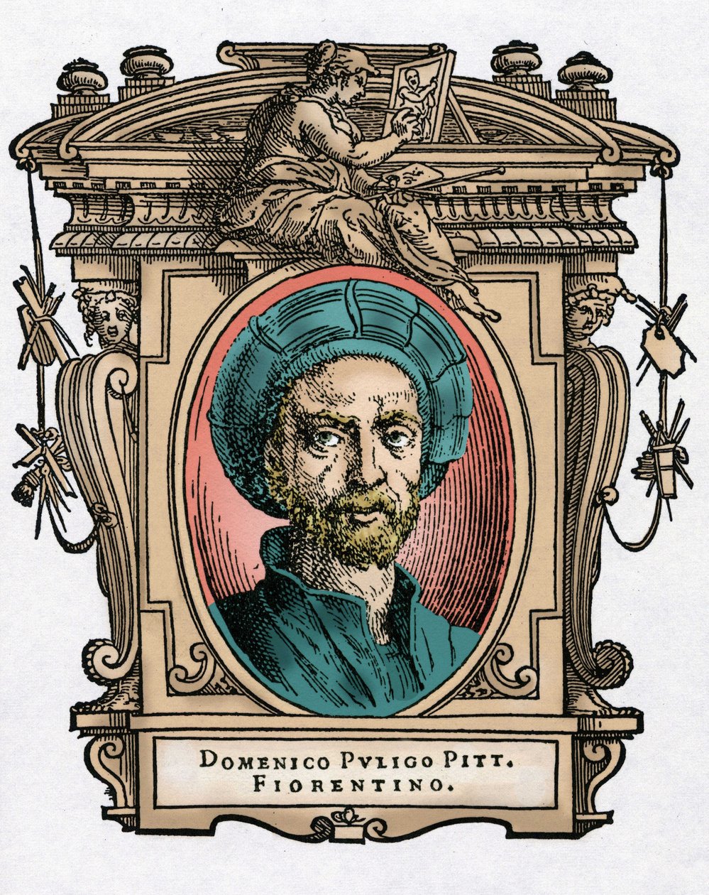 Ritratto di Domenico PULIGO [1492-1527] pittore italiano. Incisione del trattato "Le vite dei più eccellenti pittori, scultori e architetti" di Giorgio Vasari da Giorgio Vasari